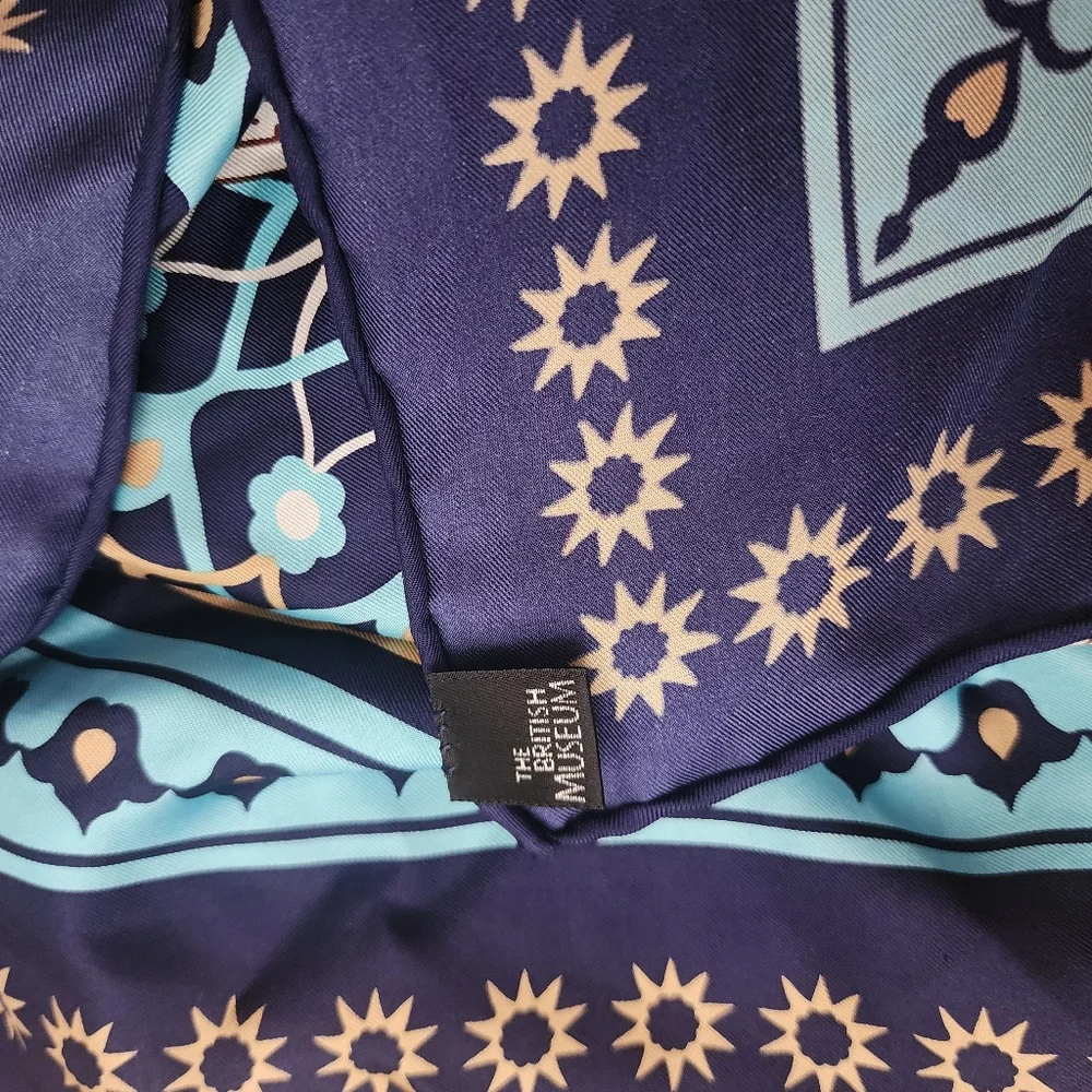 The British Museum 100% silk scarf blue geometric